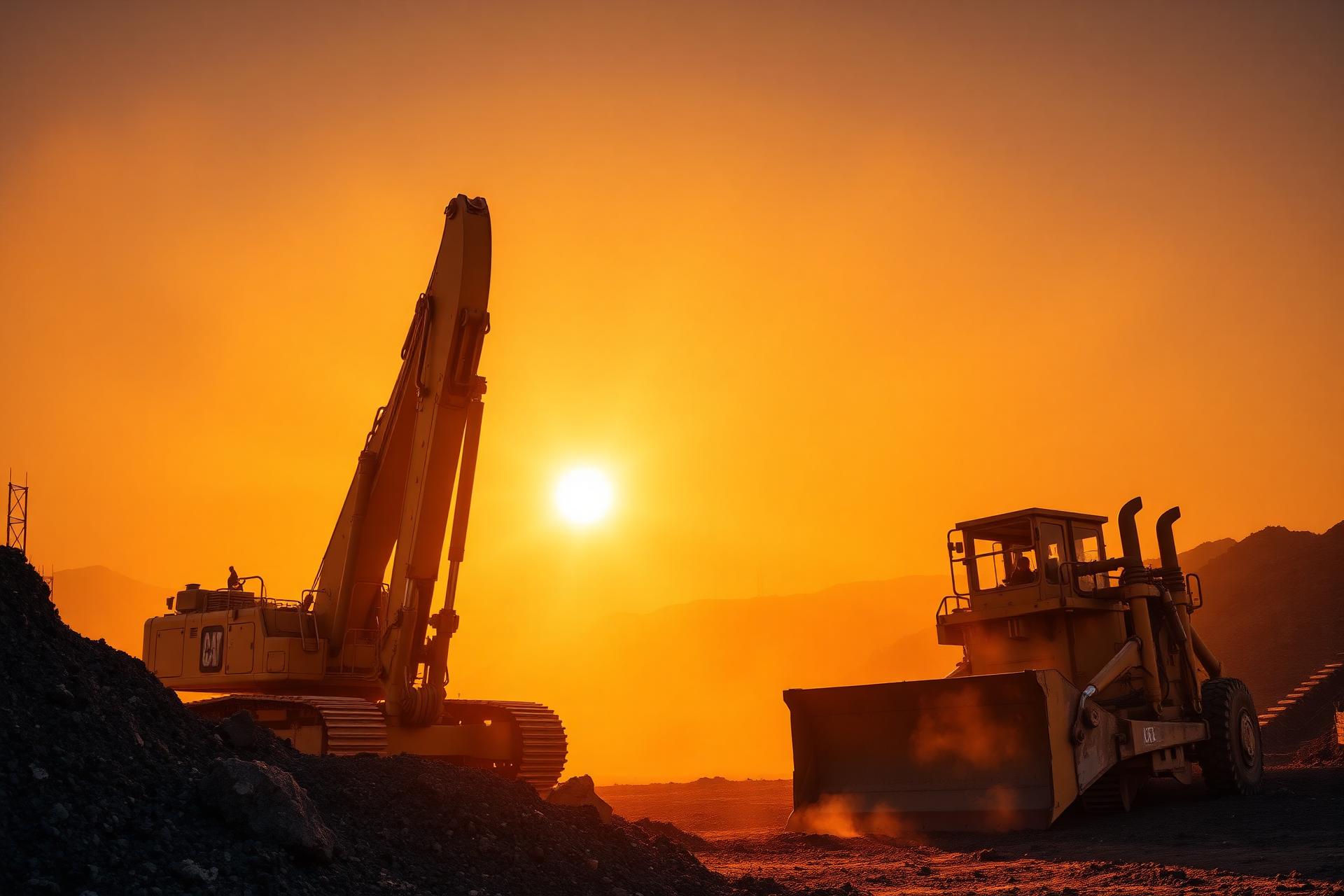 Heavy construction equipment at sunset